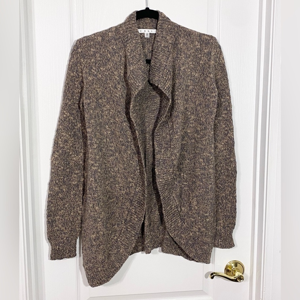 CAbi Textured Marled Chunky Knit Open Front Draped Cardigan Gray Tan Size XS